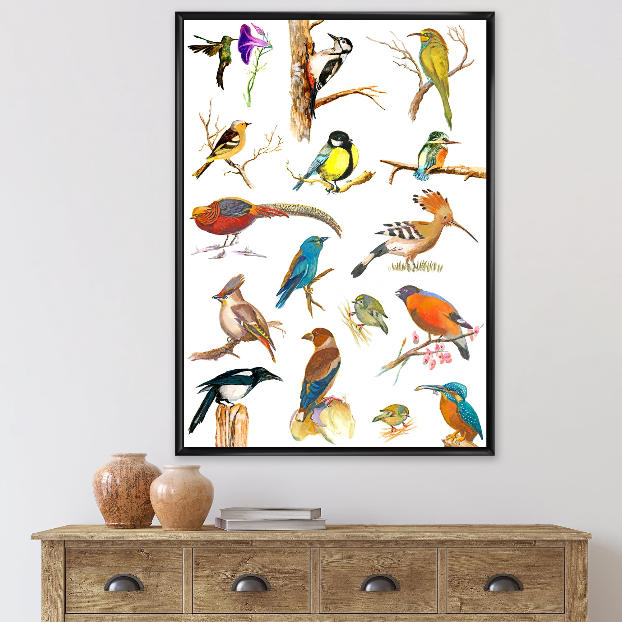 Designart 'Vital Colored Birds Plancard' Traditional Framed Canvas Wall Art Print