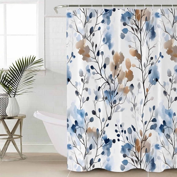 Blue Brown Spring Floral Small Stall Shower Curtain, Waterproof Shower Curtains for Bathroom, Summer Botanical Art Washable Fabric Cloth Bath Curtain for Bathtub Decoration with Hooks 36x78 Inches