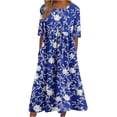 thumbnail image 2 of Karymi Wedding Guest Dresses for Women Floral Print Casual Midi Dress, 3/4 Sleeve Crew Neck Loose Babydoll Dress with gathered bust detail and Plus Size Available Cocktail Dresses for Women, 2 of 5