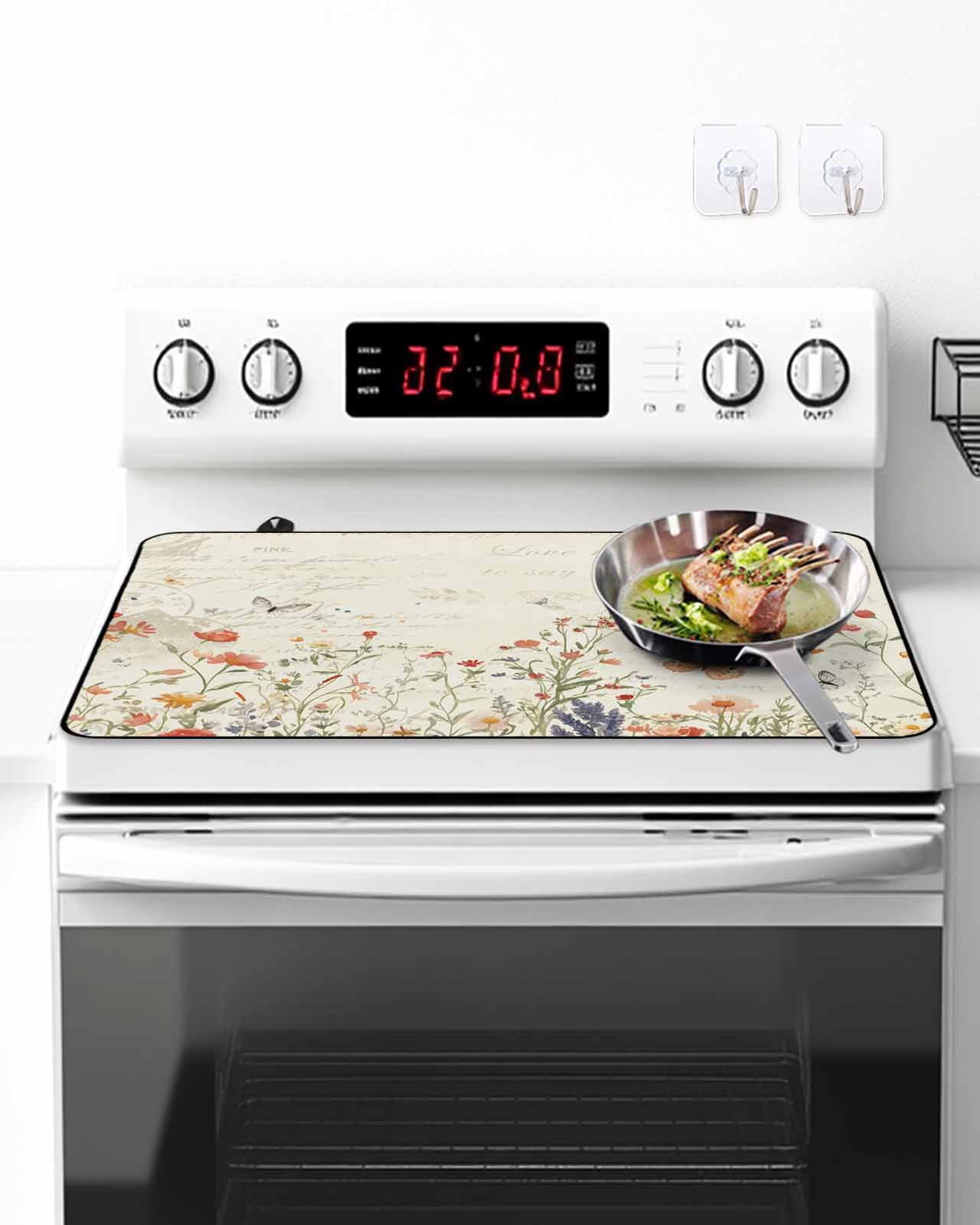 Stove Top Covers for Electric Stove, Retro Spring Floral Glass Stovetop Cover Protector, Botanical Colorful Summer Butterfly Induction Cooktop Protector Oven Mat for Kitchen Countertop 24"x21"