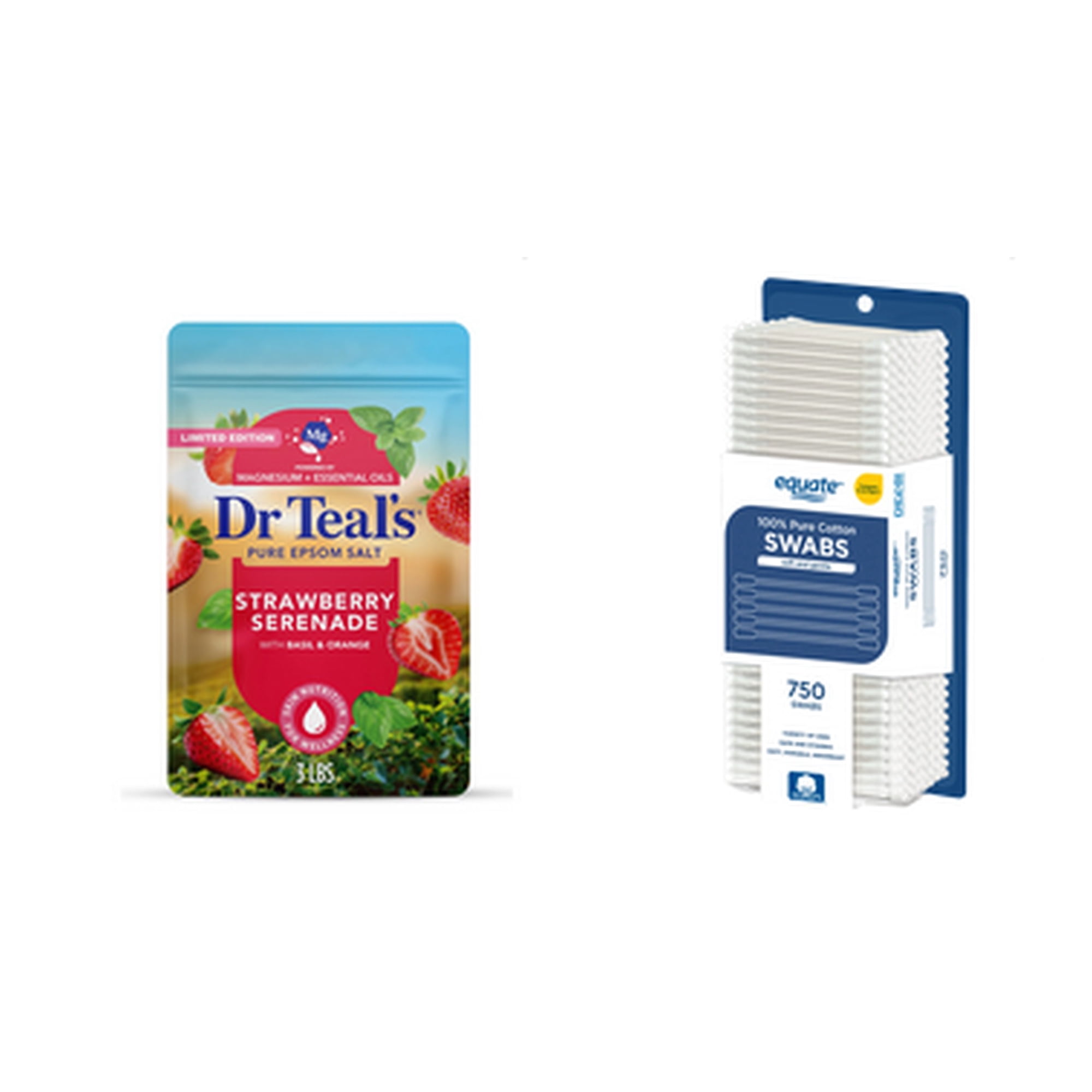 Dr Teal's Epsom Salt Magnesium Soak, Strawberry Serenade, 3 lbs & Equate 100% Pure Cotton Swabs Bundle
