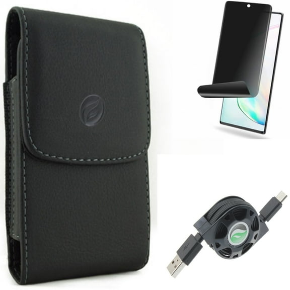Privacy Screen Protector & USB Cable & Case Belt Clip for Samsung Galaxy Note 20 (6.7") - Combo with TPU Film Anti-Peep & Retractable Type-C & Leather Holster