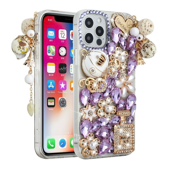 Designed for Apple iPhone 15 (6.1") Bling Crystal 3D Full Diamonds Pearl Luxury Sparkle Transparent Rhinestone Glitter Phone Case Cover [Ultimate Multi Ornament Purple]