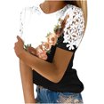 thumbnail image 2 of Aoujea Women Casual Printing Round-Neck Lace Hollow Out Short Sleeve Pullover Slimming Blouse T-shirt Tops Women Tops on sale under $10 S-2XL, 2 of 5