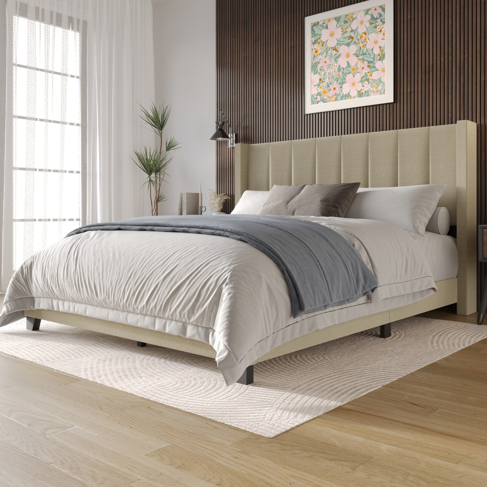Home Design Saco Twin Upholstered Platform Bed Frame For Adult, Dark Beige, Easy Assembly