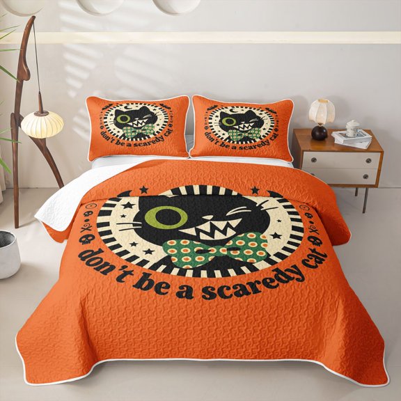 Feelyou Polkadot Bowknot Cat Twin Quilt Set, Spooky Moon Bat Twin Coverlet Set, Orange, 2 Pieces, 1 Comforter and 1 Pillowcase