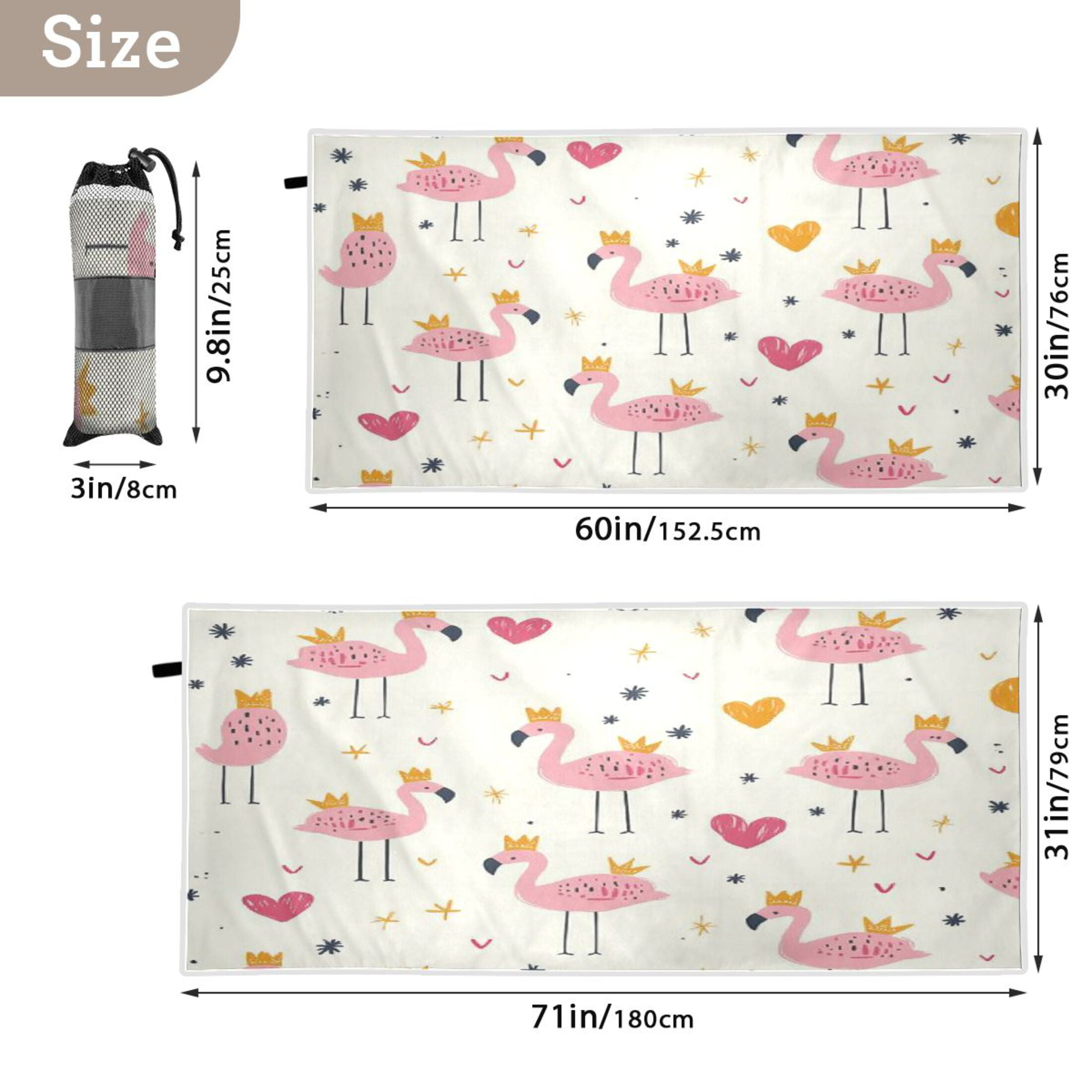 Qxltty Cute Pink Flamingos Crowns Hearts Beach Towel Sand Free Bath Towel Absorbent Quick Dry Soft Lightweight Blanket for Travel Gym Camping 71x31in