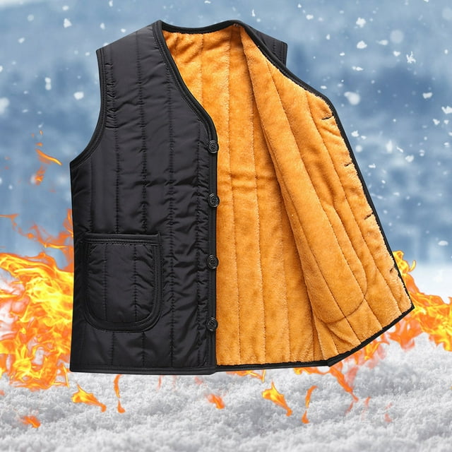 Handshe Men's Stylish Solid - Color Pocket - Detailed Thickened Warm Button - Up Sleeveless Casual Vest Jacket
