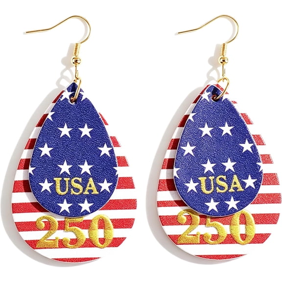 Turandoss 4th of July 250th Anniversary Earrings Gifts for Women Patriotic Red White and Blue American Flag Lightweight Dangle Leather Jewelry Independence Day Party Outfit Usa Accessories for Her