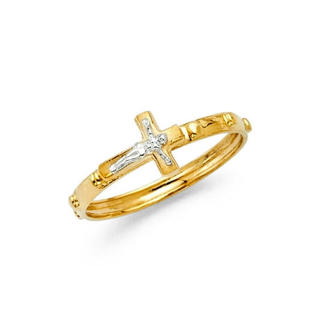 Jewels By Lux 14K Yellow And White Two Tone Gold Rosary Crucifix Cross Religious Eternity Anniversary Wedding Ring Band Size