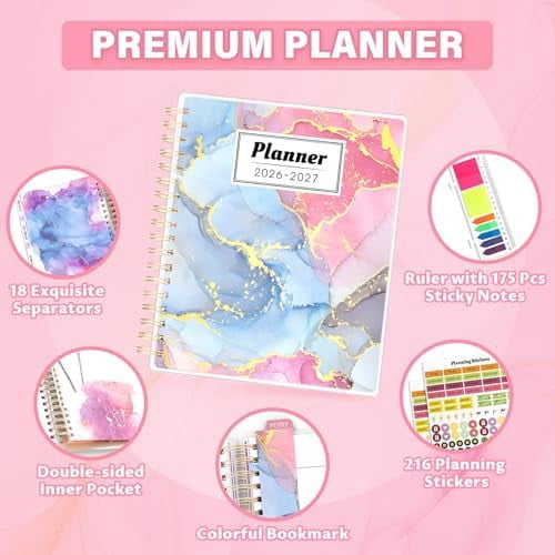 Planner 2026-2027, Large 18 Months Academic Daily Weekly Monthly Planner Yearly Agenda Jan. 2026–June. 2027, 7.9" x 9.8", Page Tabs, Separator Page, Pocket Folder, Bookmark, Stickers, Sticky Note Set
