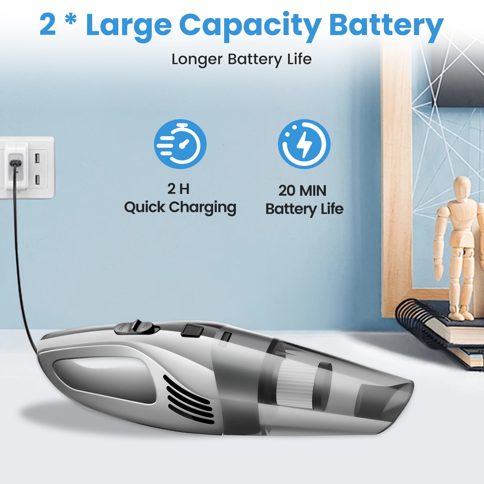 Cordless Handheld Car Vacuum, Portable Vacuum Cleaner, 12000PA Powerful Suction for Car, Gray