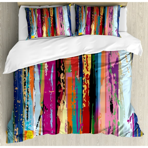 Abstract King Size Duvet Cover Set, Multicolored Expressionist Work of Art Vibrant Rainbow Design Tainted Pattern, Decorative 3 Piece Bedding Set with 2 Pillow Shams, Multicolor, by Ambesonne