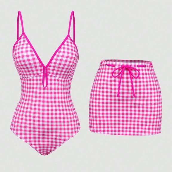Guieoi Plus Size Swimwear Women's Fashion One-Piece Plaid Swimsuit - Form-Fitting, Slimming Two-Piece Set,One-Piece Swimsuit with Cover-Up Skirt Pink M