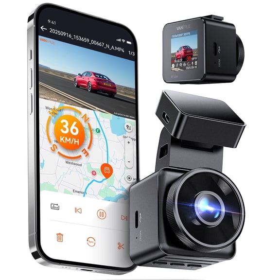 Vantrue GPS WiFi Mini Dash Cam,1080P HDR Car Camera with Free App & Voice Control, 24/7 Parking Mode, G-Sensor,Super Night Vision, Motion Detection, Loop Recording, Supports 512GB Max