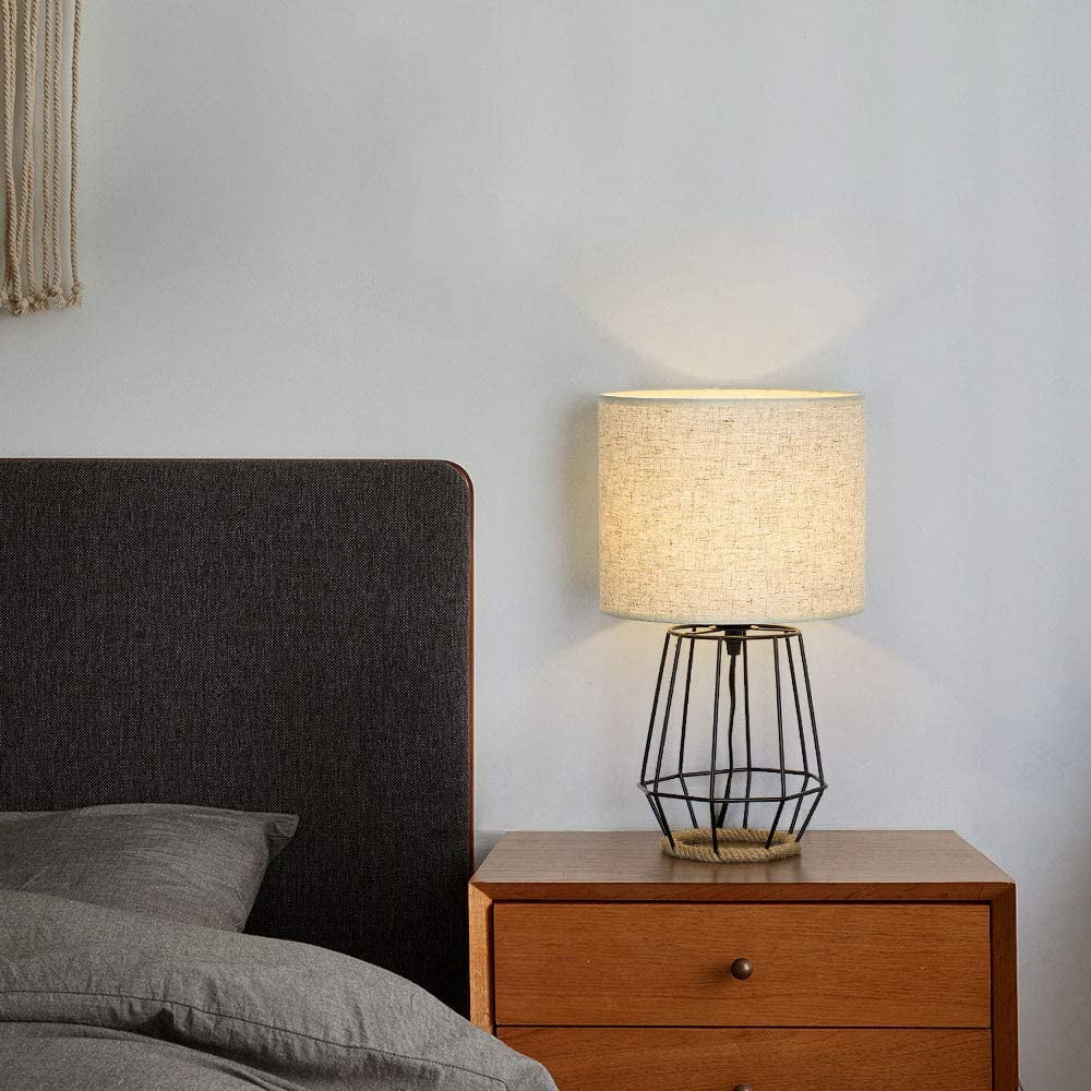 Farmhouse Table Lamp Basket Cage Style Black Chrome Metal Base with Linen Fabric Shade