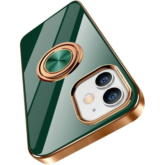 Compatible with iPhone 12 Mini Case 5.4" (2020) Finger Ring Stand Holder Electroplated Silicone Soft Flexible TPU Frame Shock-Absorption Bumper Cover Phone Cases - Green