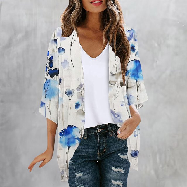 Cárdigan de manga larga para mujer, blusa informal estampada con bolsillo, abrigo tipo cárdigan para mujer