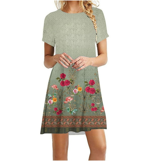 Cameland Robe d'Été pour Femme, Mode Bord de Mer, Décontractée, Imprimée, à Manches Courtes, à Col Rond