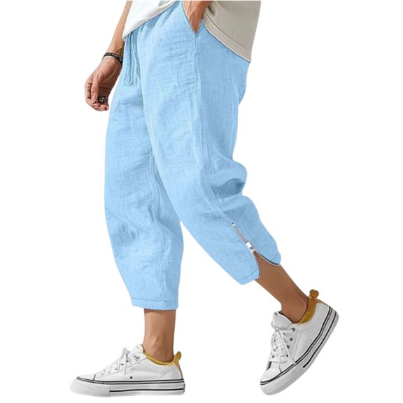 Fabrcox Men's Linen Pants with Ankle Zipper Men Capri Pants Big and Tall Vacation Travel Mens Beach Pants with Pockets