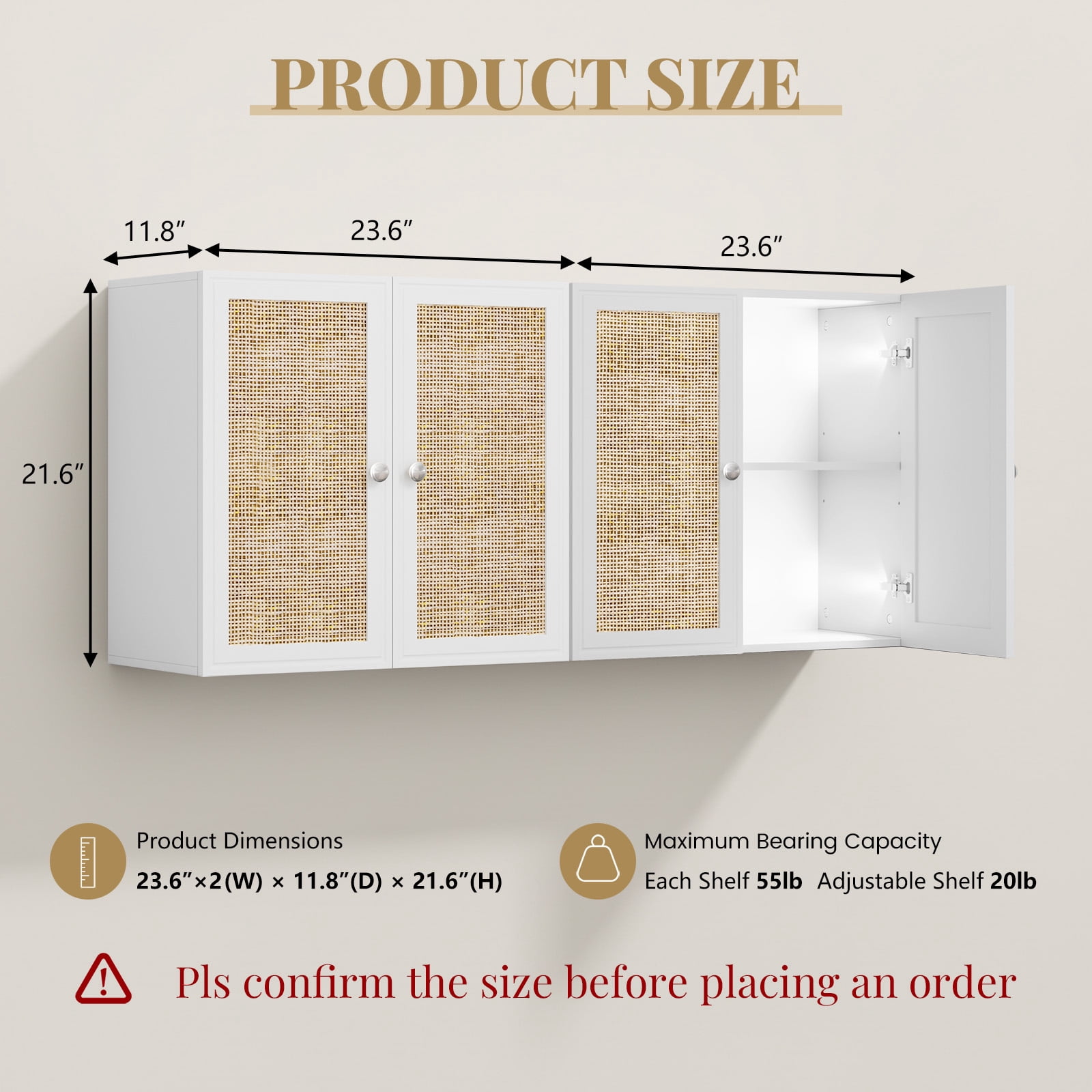 48 Inches Laundry Room Wall Cabinets Bathroom Cabinets Wall Mounted with Adjustable Shelves, Rattan Wall Cabinet for Bedroom, Kitchen, Bathroom