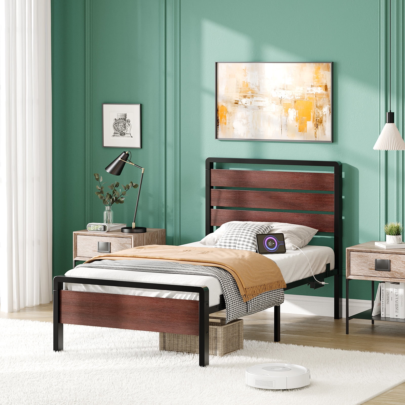 Ktaxon Twin Size Bed Frame with LED Headboard & Footboard, Metal Platform Bed with Charging Station, Rustic Red Brown