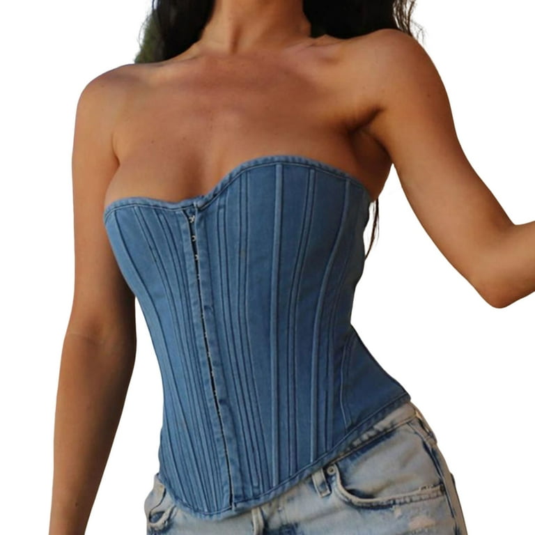 JGGSPWM Women's Denim Bustier Corset Top Jean Waist Cincher Chest  Supporting Body Shaping Clothes Blue L