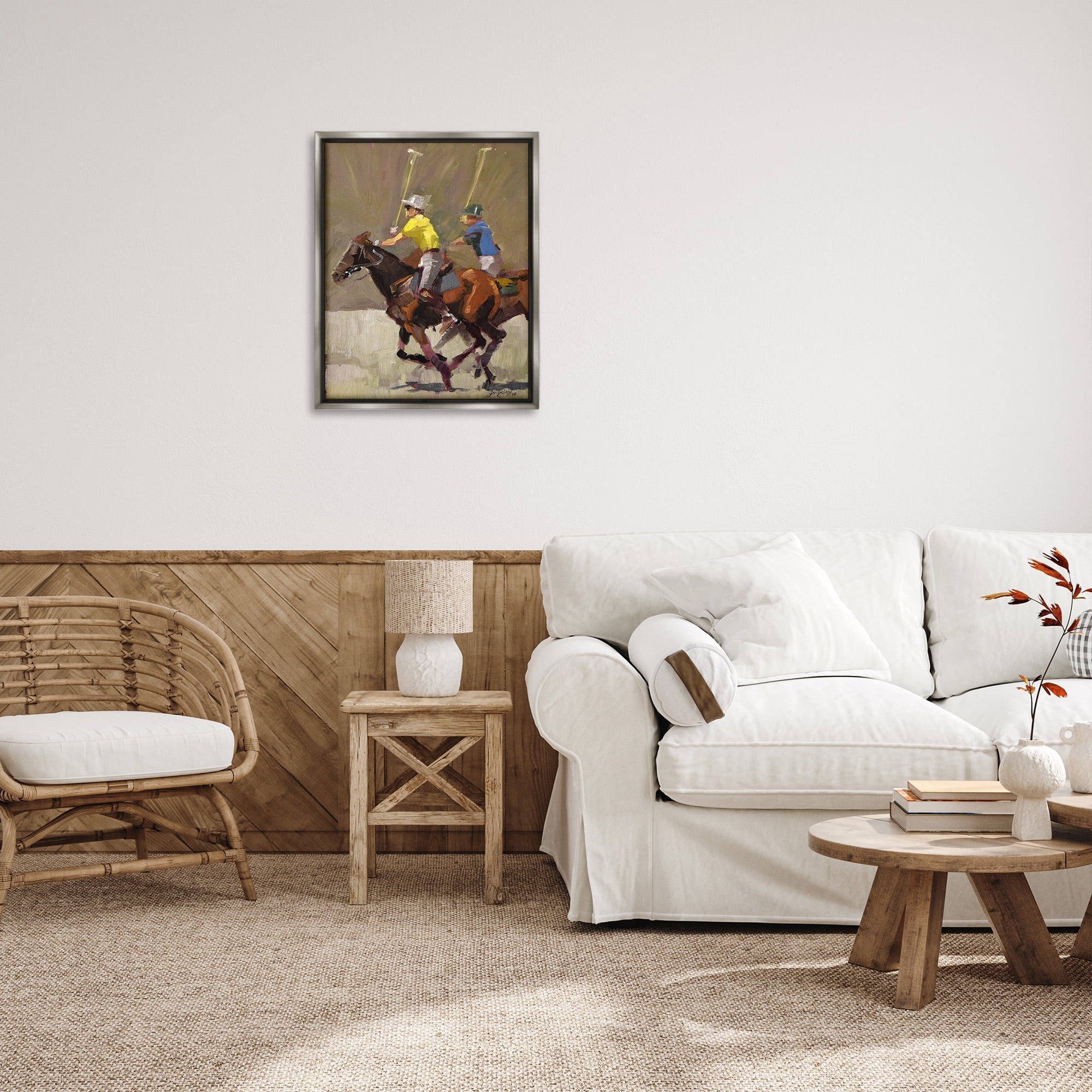 Stupell Industries Galloping Polo Players Animals & Insects Painting Gray Floater Framed Canvas Art Print Wall Art, 25 x 31