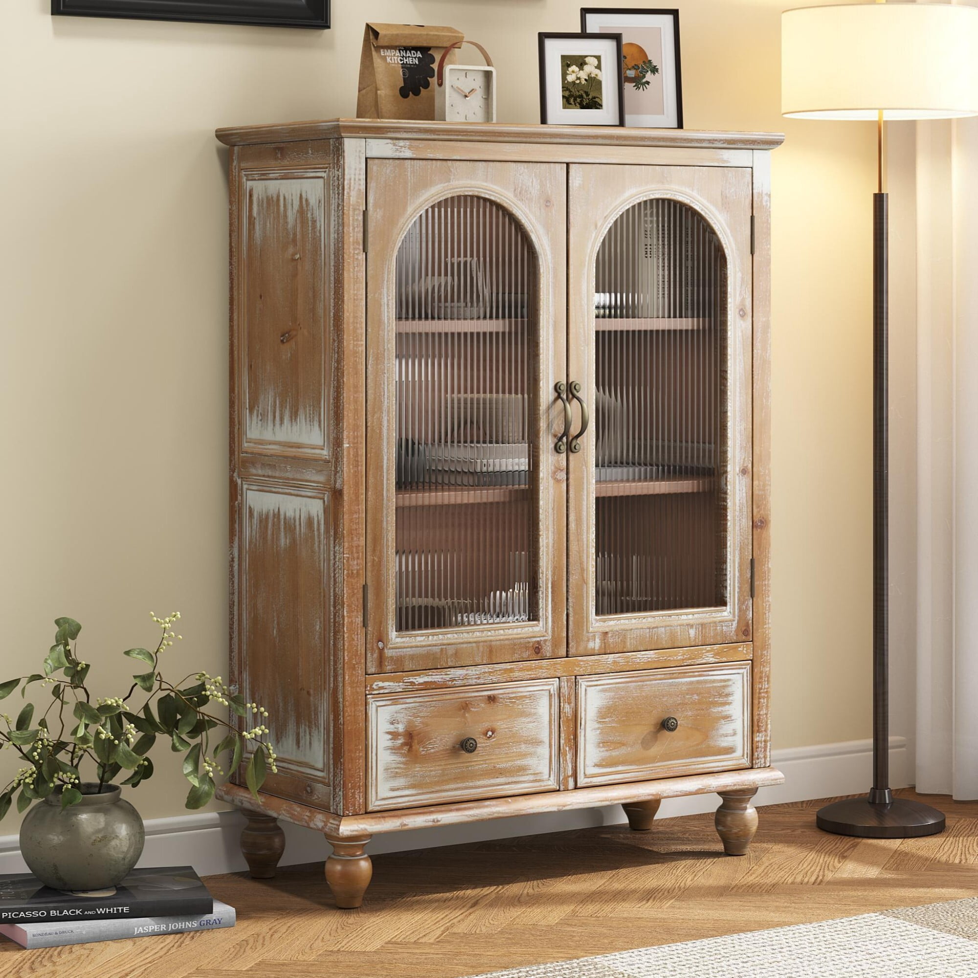 AENKYO 48" Farmhouse Storage Cabinet, Wood Kitchen Pantry with Arched Fluted Glass Doors & 2 Drawers, Natural