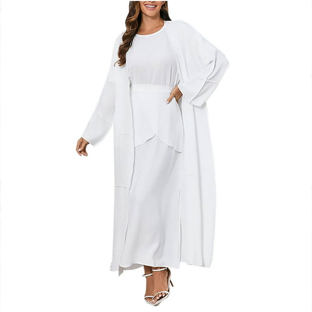 Women's Muslim Abaya Three Piece Set Islamic Prayer Robe Open Front Flowy Maxi Cardigan Short Slevve Shirt and Skirt