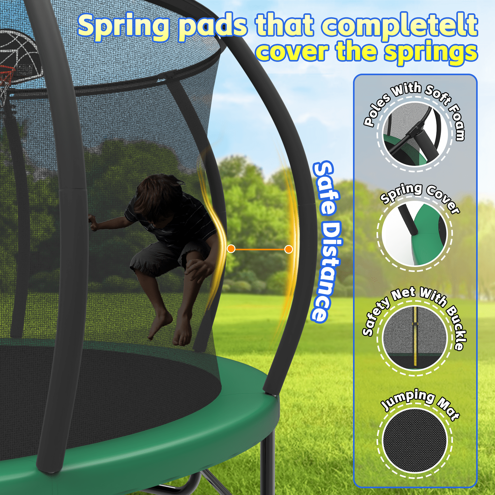 Mersco 14FT Heavy Duty Trampoline with Enclosure Net , Swing Set Outdoor Big Trampoline for Backyard, Kids Trampoline with Basketball Hoop,  Kids Birthday and Festival Gifts,Green