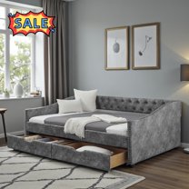 Tcbosik Full Size Daybed with Drawers, Upholstered Sofa Bed, Wood Bed Frame, Space Saving, Grey