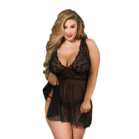 

Plus Size Curvy Lace and Mesh Uneven Hemline Babydoll Lingerie