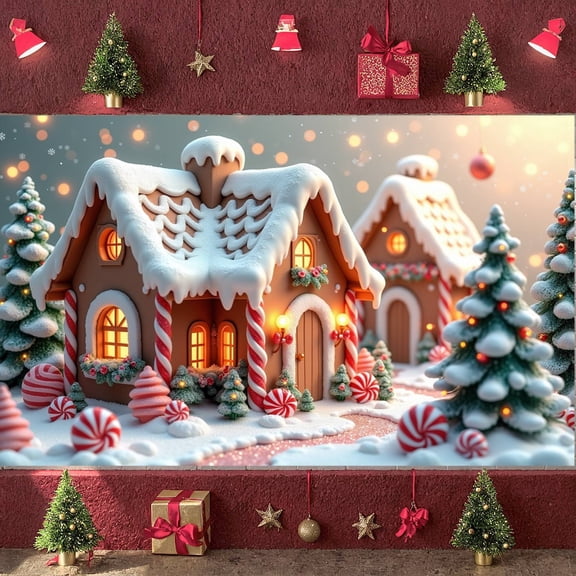 Gingerbread House Theme Christmas Banner Candy Cane Design Gingerbread House Backdrop Snowy Scene Illuminated Lights Holiday Display for Christmas Party Holiday Decoration Home Decor