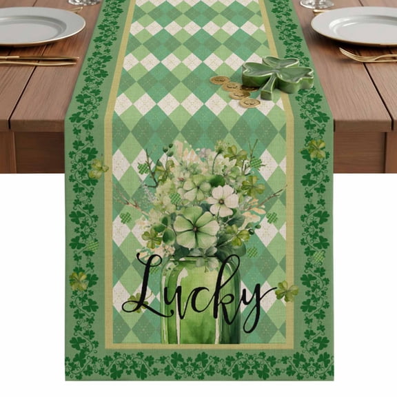 St. Patrick's Table Runner 14 x 72 Inch, Day Lucky Green Full of Clover Vase Retro Plaid Washable Cotton Linen Dining Table Runner Tabletop Decorations for Restaurant Home Kitchen Party