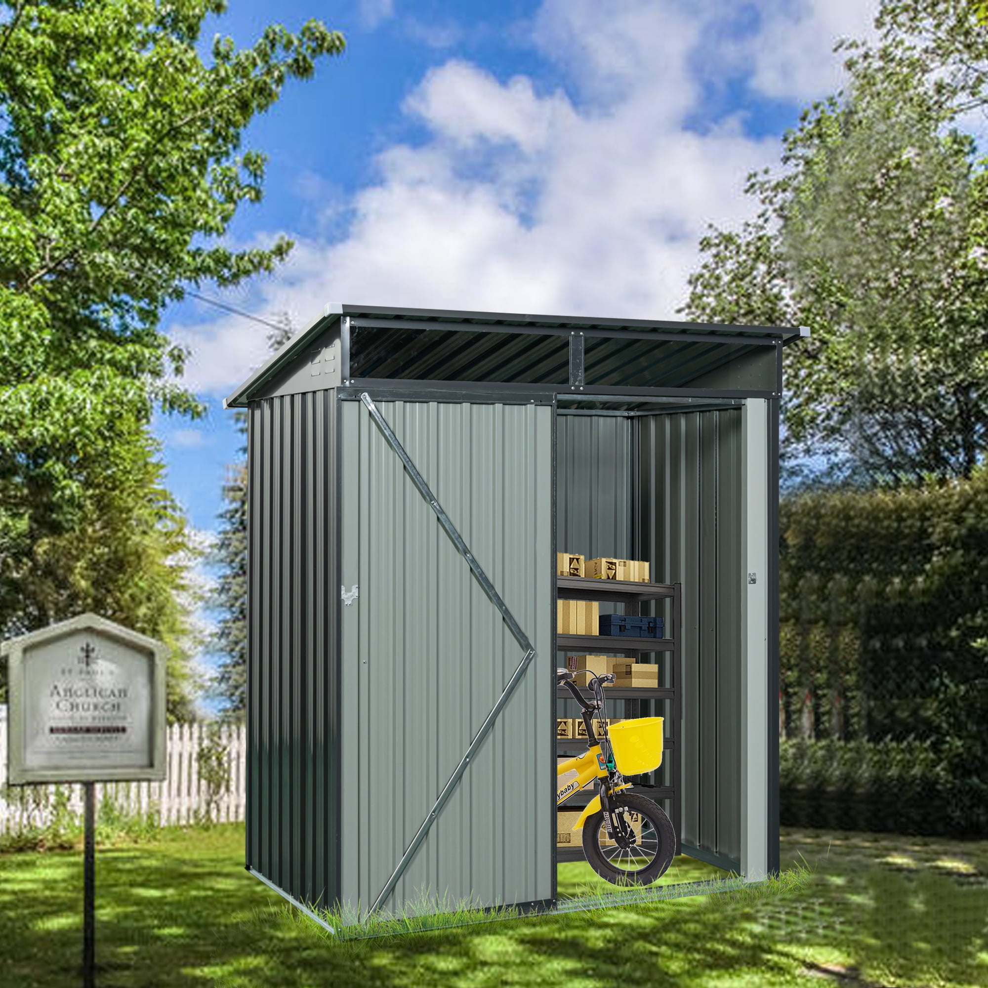 EXRACING Shed 5*3 ft Outdoor Metal Storage Shed with Single Door Steel Garden Shed Single Slope Roof,Gray