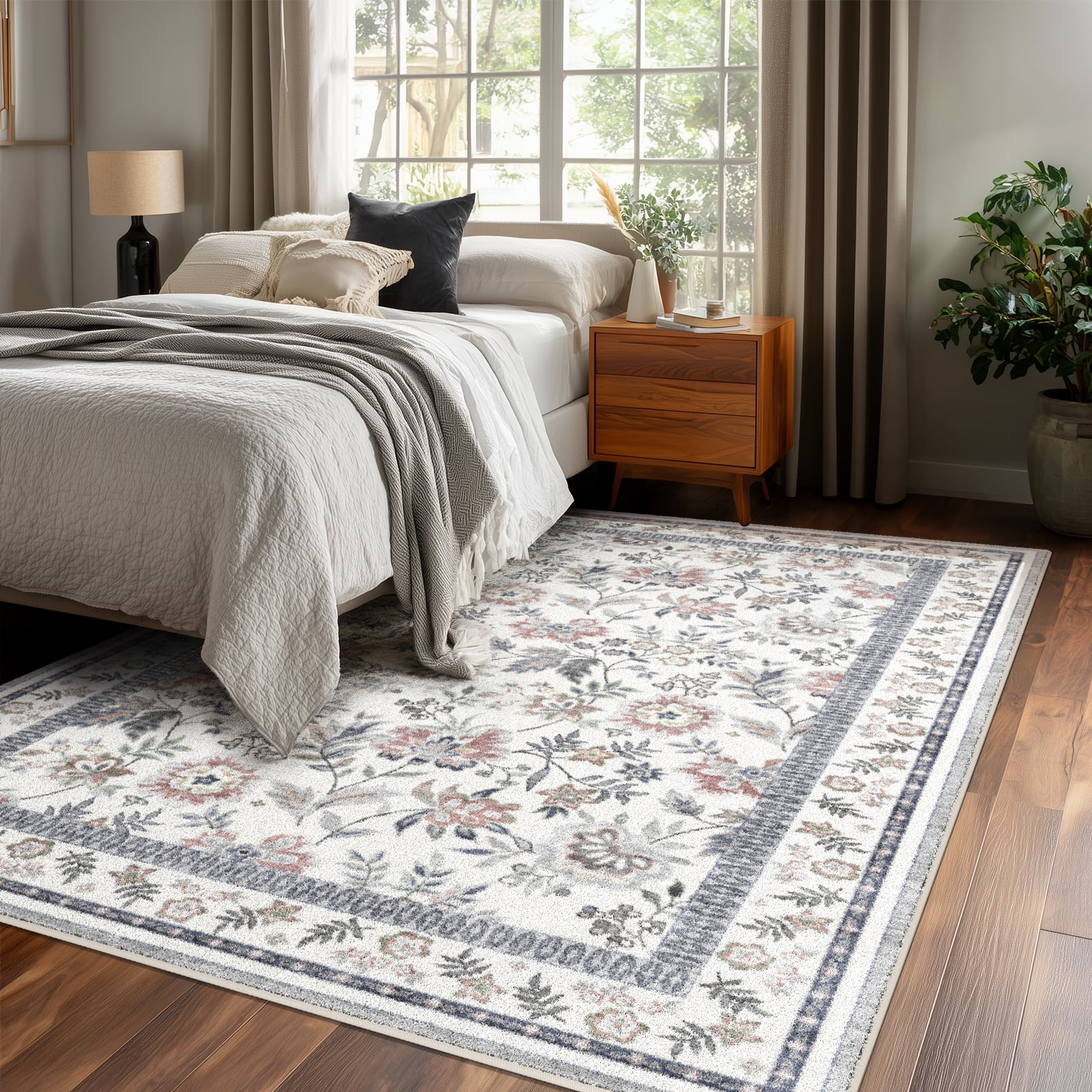 Washable Area Rug for Living Room, Curtilage 4'x6' Boho Blue Floral Print Indoor Rug, Soft Low Pile&Stain Resistant Carpet for Bedroom Nursery Kitchen