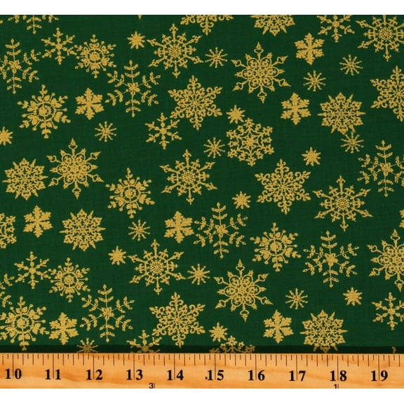 Cotton Holly Jolly Christmas Winter Metallic Gold Snowflakes on Green Cotton Fabric Print by the Yard (109101)