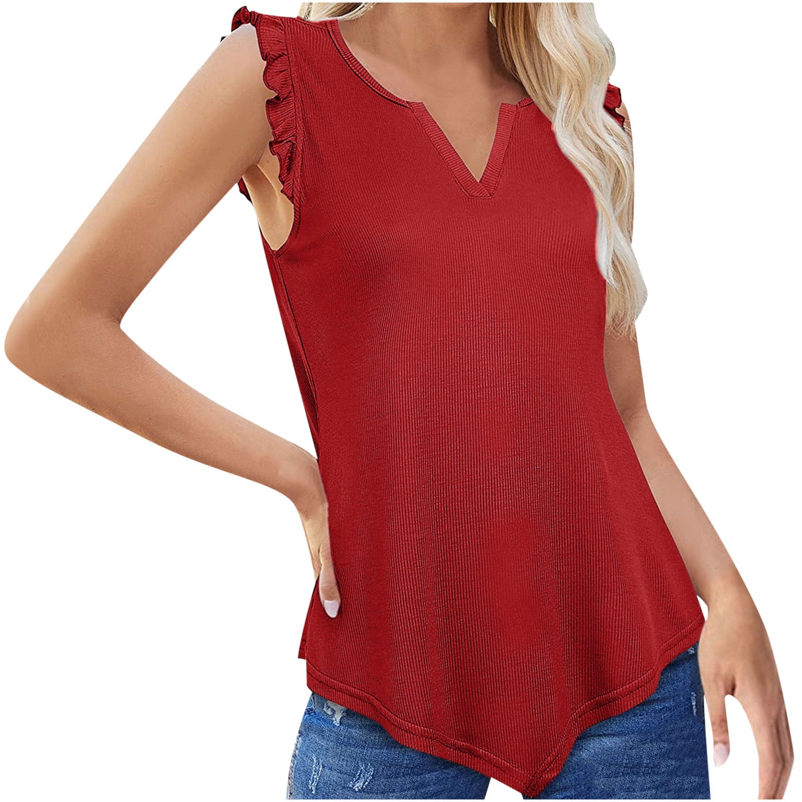 YWDJ Tank for Women Trendy Fashion V-Neck Casual Solid Tank Tops Blouse Red - Walmart.com