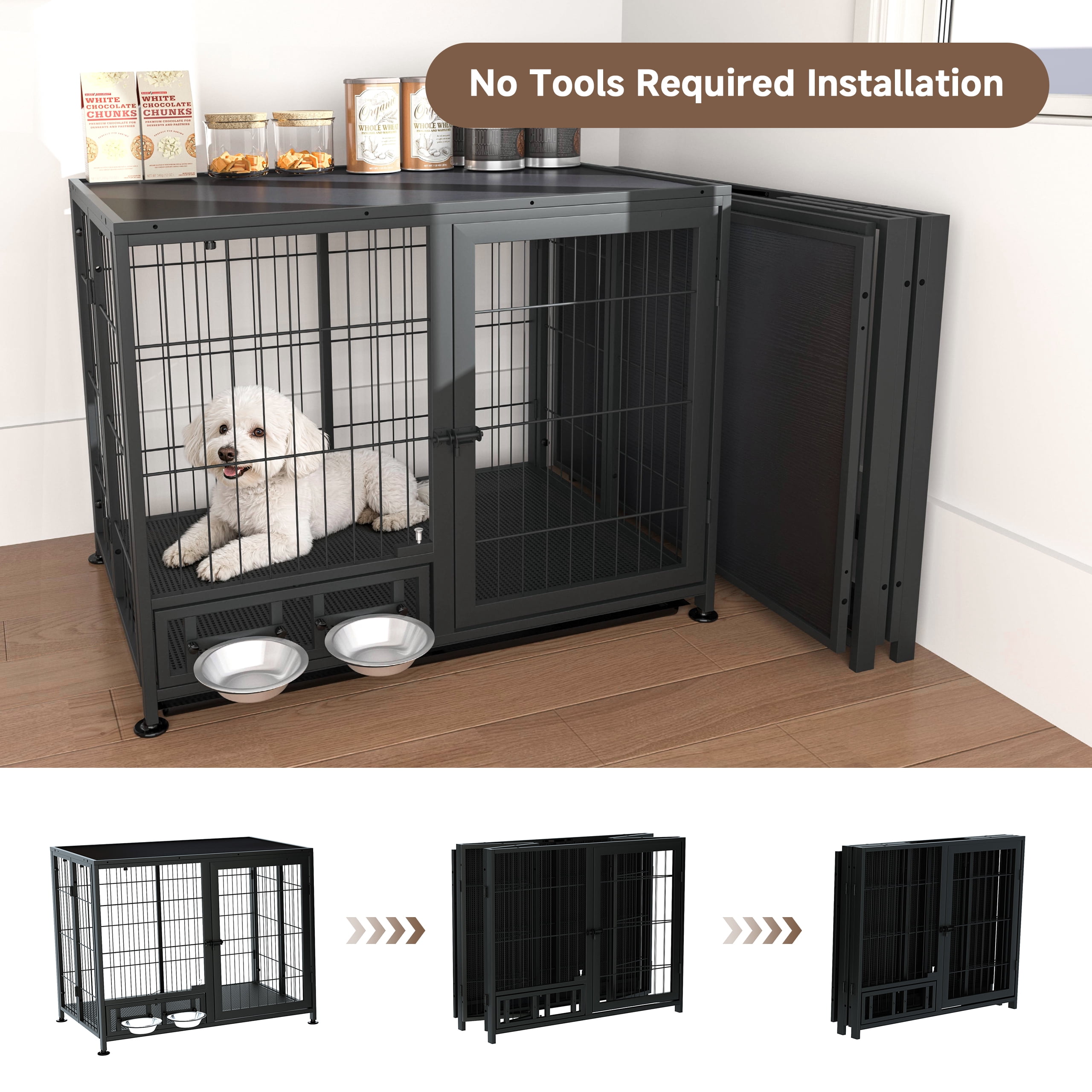 Amoveo 37.8" Heavy Duty Dog Crate for Medium Dogs, 3-in-1 Collapsible Metal Kennel & Playpen with Lockable Wheels & Feeding Bowls, Indoor Outdoor,Black