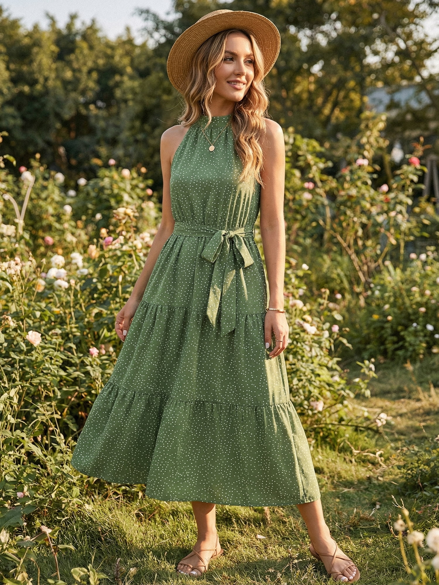 DARING DIVA Women's Halter Tiered Belt Waisted A-Line Flowy Cocktail Dresses XL Green