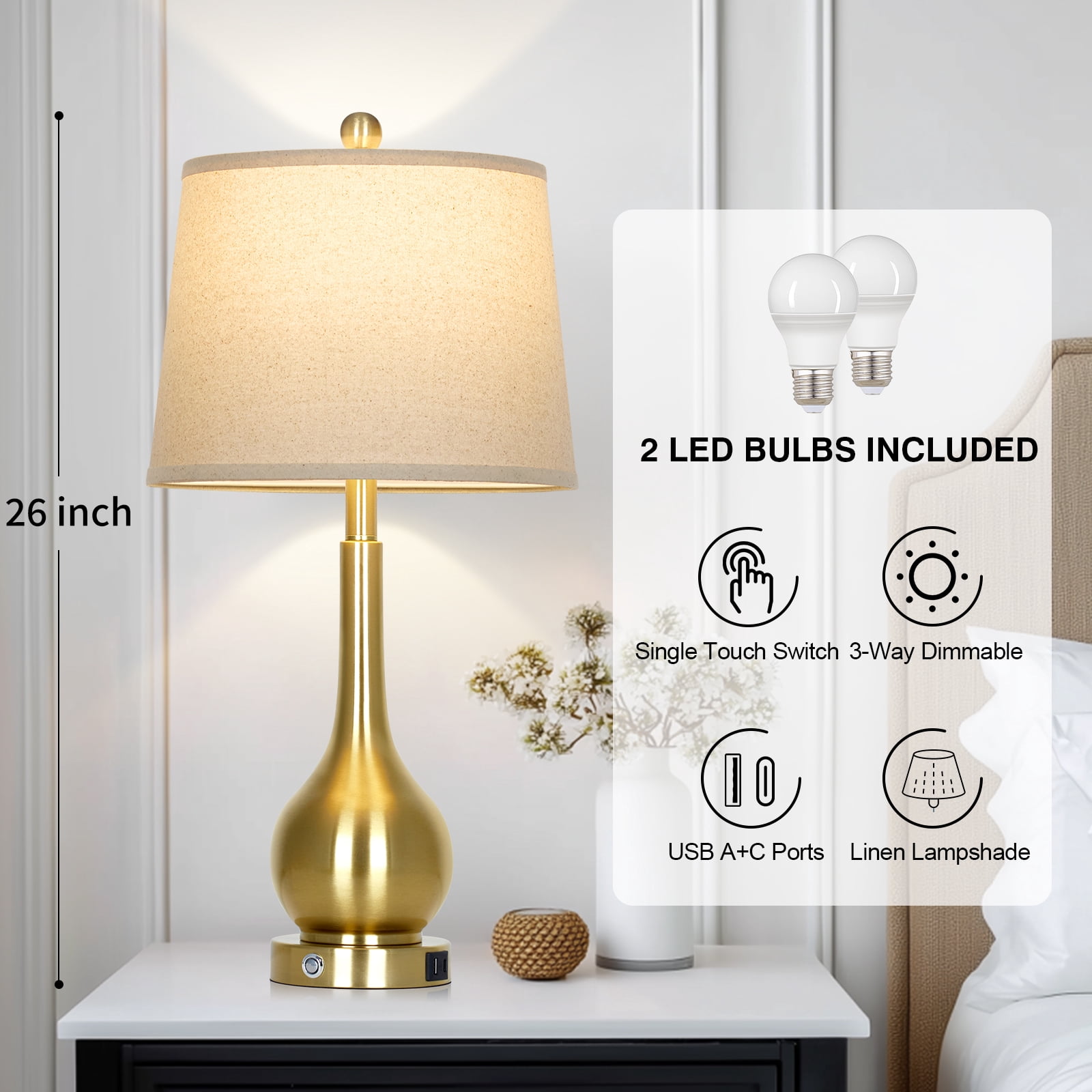 Cinkeda 26" Modern Table Lamp Set of 2 Farmhouse Industrial Touch Bedside Nightstands Lamps with USB A+C Charging Ports