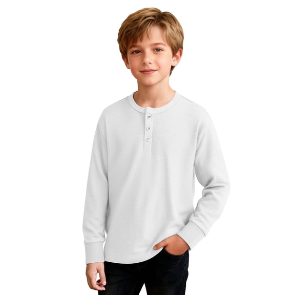 Posijego Boys Long Sleeve Shirts Casual Crew Neck Solid Color Button T-Shirts Loose Spring Pullover Tee Tops 4-14 Years