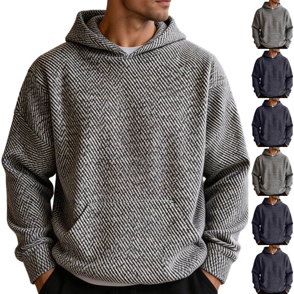 Mens Knitted Hoodies Oversized Long Sleeve Pullover with Kangaroo Pockets Texture Work Hooded Sweatshirts Big and Tall Gray,L