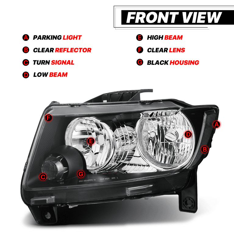 M-AUTO Headlights Assembly Left+Right Replacement for 2011 2012 2013 Jeep  Grand Cherokee, Black Housing Clear Lens Clear Corner 