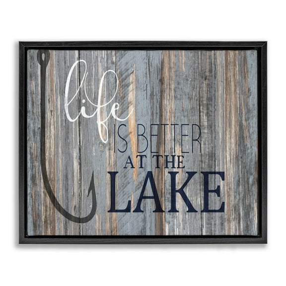 Stupell Industries Life Better Lake Quote Fish Lakehouse Cabin Nautical Phrase Jet Black Framed Floating Canvas Wall Art, 16x20, by Kim Allen