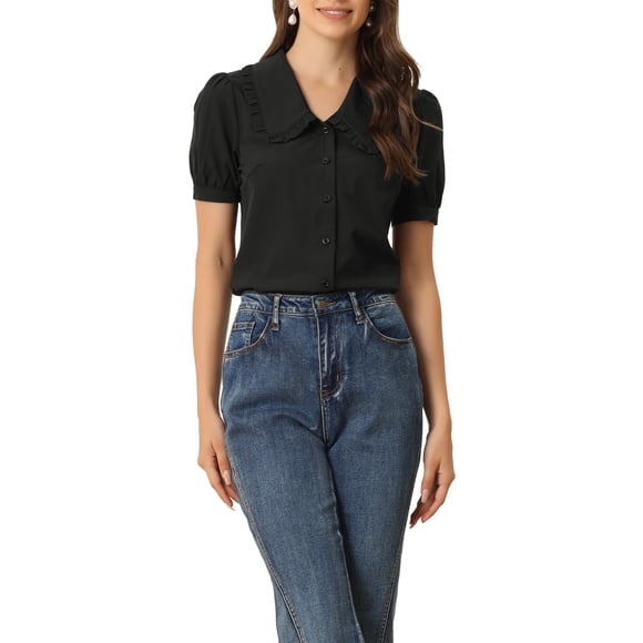 BLUSA CHIC para Mujeres con Cuello Peter Pan, Manga Corta Abullonada, Camisa Retro 2XL Negra