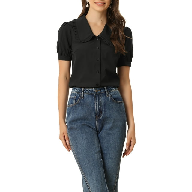 BLUSA CHIC para Mujeres con Cuello Peter Pan, Manga Corta Abullonada, Camisa Retro 2XL Negra