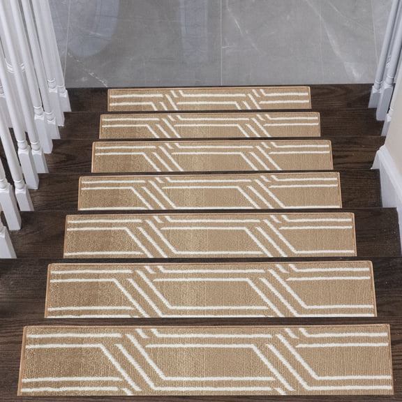 Carpet Stair Treads for Wooden Steps - Indoor Staircase Step Treads with Thick Carpet & Pattern Design, 9'' x 28'', Beige & White, Pack of 13