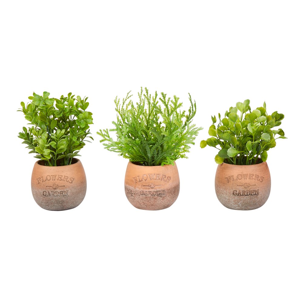 Pure Garden Artificial Greenery Arrangement House Plants in Pots Round Set of 3, Decorative